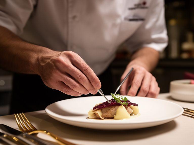 Chef privado emplatando una degustación refinada con técnicas de alta cocina