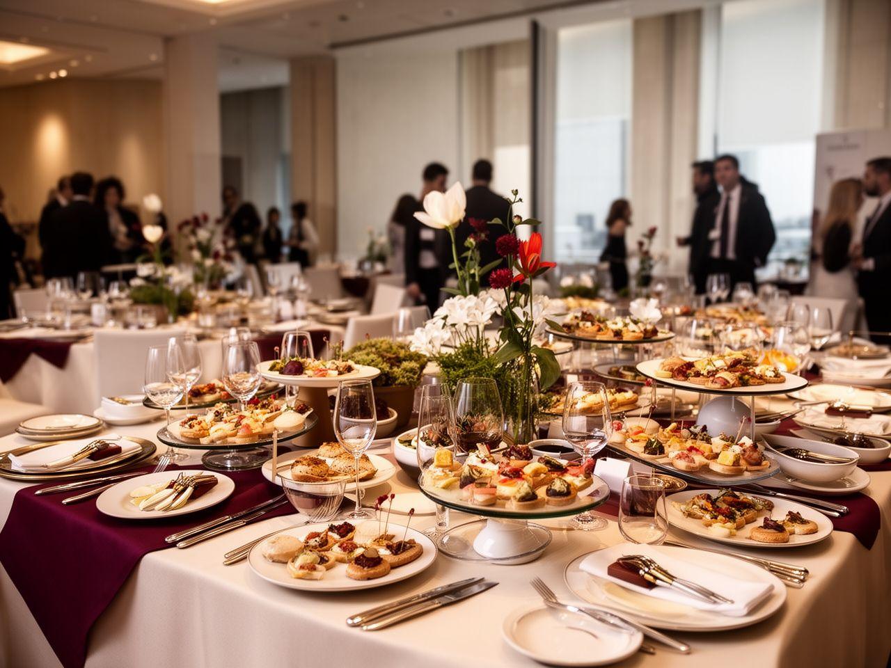 Mesa de buffet elegante en un evento corporativo en Madrid con aperitivos gourmet y vajilla premium