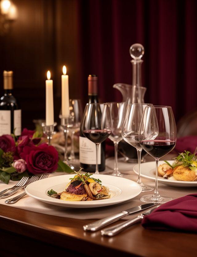 Cena privada con maridaje de vinos y mesa decorada con velas, cristalería y flores