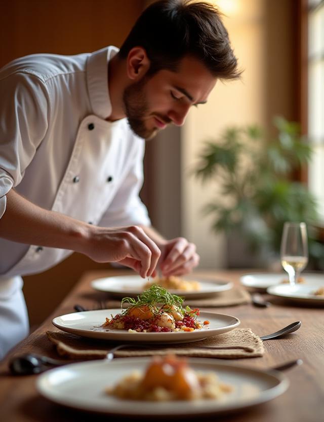Chef privado preparando un menú de autor en un comedor íntimo y elegante