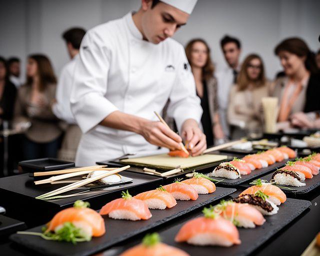 Barra de sushi interactiva con chef especializado preparando piezas frescas frente a los invitados