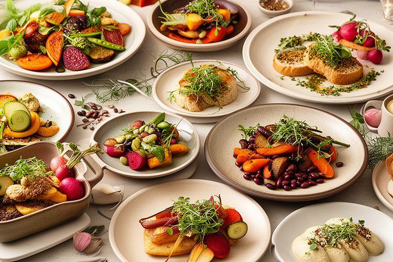 Mesa de catering vegetariana y vegana con verduras de temporada, legumbres creativas y emplatado artístico